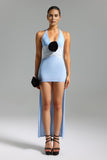 Lilya Halter Flower Mesh Asymmetrical Dress - Blue