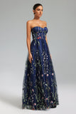 Tusare Open Shoulder Embroidery Maxi Dress - Floral