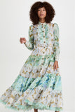 Printed Long Puff Sleeve Turtleneck Tiered Ruffle Hem Midi Dress