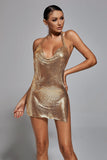 Brett Diamante Mesh Mini Dress - Gold - Bellabarnett