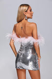 Kolari Off Shoulder Feather Sequin Mini Dress