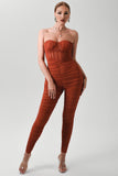 Sally Rust Ruched Mesh Bandage Jumpsuit