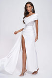 Colia Diamante Mesh Corset Satin Maxi Dress - White