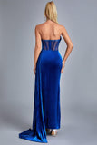 Lamva Corset Velvet Slit Maxi Dress - Blue