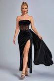 Lamva Corset Velvet Slit Maxi Dress - Black