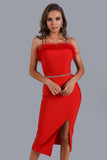 Dana Feather Slit Midi Bandage Dress - Red