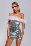 Kolari Off Shoulder Feather Sequin Mini Dress