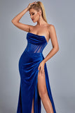 Lamva Corset Velvet Slit Maxi Dress - Blue - Bellabarnett