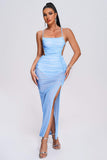 Polasa Halter Ruched Mesh Maxi Dress