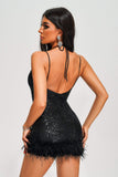 Oga Halter Sequin Feather Mini Dress - Black