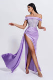 Colia Diamante Mesh Corset Satin Maxi Dress - Purple