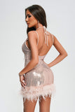 Oga Halter Sequin Feather Mini Dress