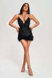 Oga Halter Sequin Feather Mini Dress - Black