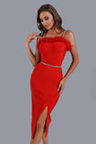 Dana Feather Slit Midi Bandage Dress - Red