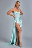 Vacab Diamante Satin Slit Maxi Dress - Mint