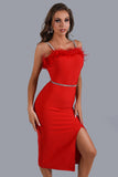 Dana Feather Slit Midi Bandage Dress - Red