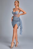 Larisa Mesh Corset Mini Dress - Grey - Bellabarnett