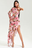 Floral Slanted Shoulder Long Sleeve Ruffle Irregular Maxi Dress - Pink